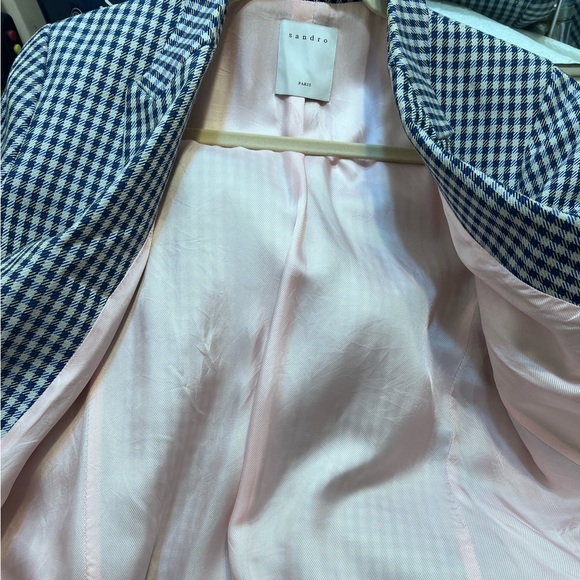 SANDRO Elia Mini Houndstooth Plaid Check Blazer Jacket Blue Gray Cotton Size 12 - Picture 8 of 12